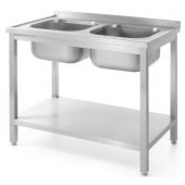Stół z dwoma zlewami Kitchen Line, z półką-skręcany, o wym.1000x600x(H)850 mm