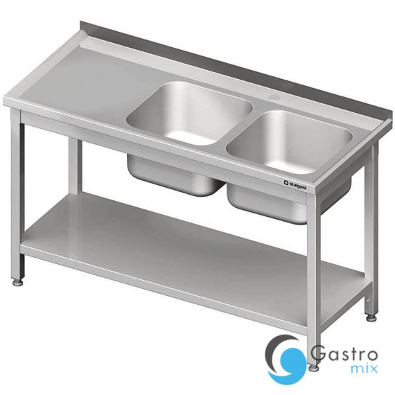 stół stalowy z półką ze zlewem 2-komorowym prawym, skręcany, blat tłoczony, 1400x600x850 mm |... 