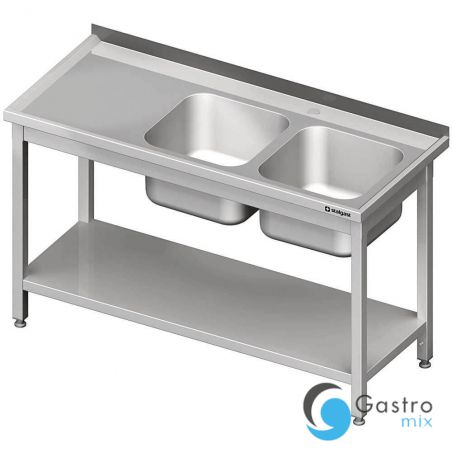 stół stalowy z półką ze zlewem 2-komorowym prawym, skręcany, blat tłoczony, 1400x600x850 mm |... 