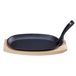 Półmisek żeliwny z drewnianą podstawą i uchwytem, czarny, 280x140x(H)30mm | 629383 hendi