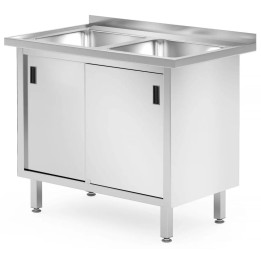 Stół z dwoma zlewami, szafka 1000x600x850 mm – spawany, z drzwiami suwanymi, Profi Line| 813690 hendi