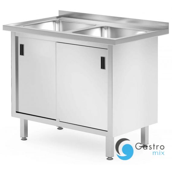 Stół z dwoma zlewami, szafka 1000x600x850 mm – spawany, z drzwiami suwanymi, Profi Line| 813690... 