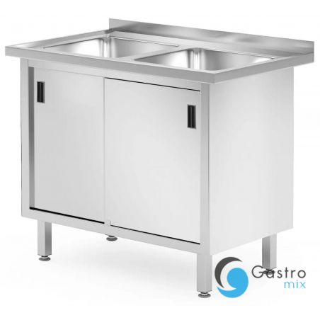 Stół z dwoma zlewami, szafka 1000x600x850 mm – spawany, z drzwiami suwanymi, Profi Line| 813690... 